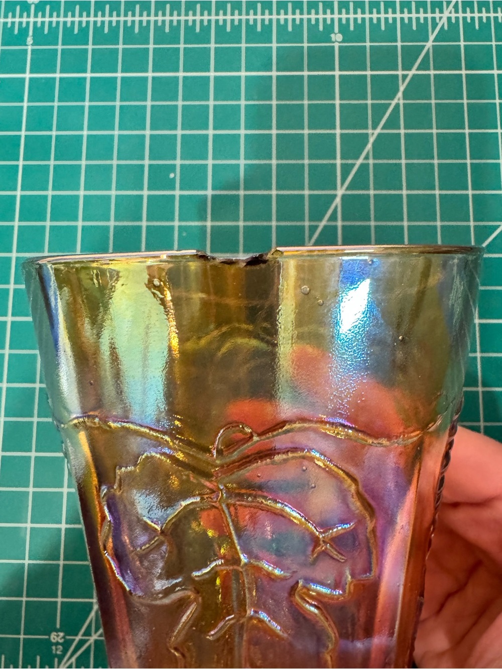 Indiana Glass Iridescent Carnival Vase in Gold with Purple and Blue Sheen